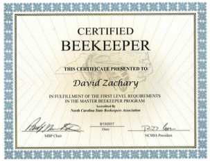NC Certified Beekeeper certificate